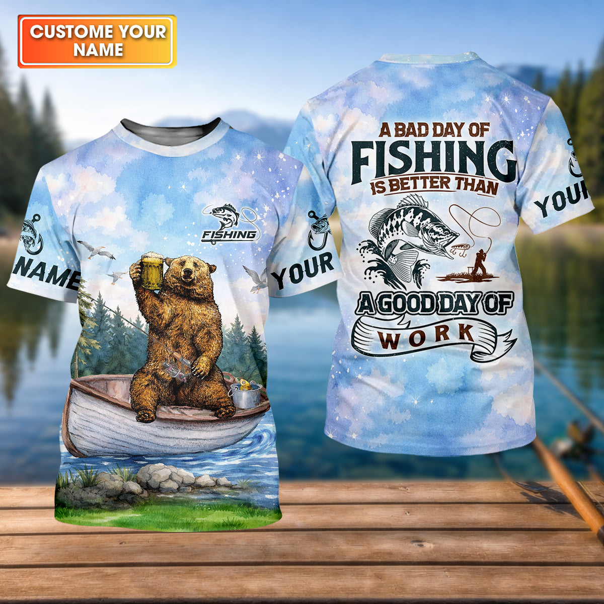 Bear Fishing Life – Better Than Work UPF Fishing Shirt, Personalized Custom Name