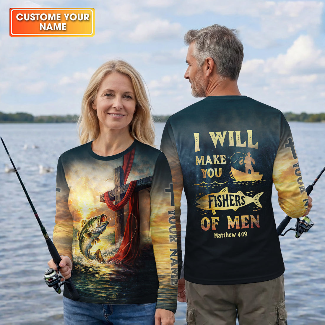I Will Make You Fishers Of Men Shirt, Personalized Christian Fishing Long Sleeve, Matthew 4:19 Bass Fishing Shirt