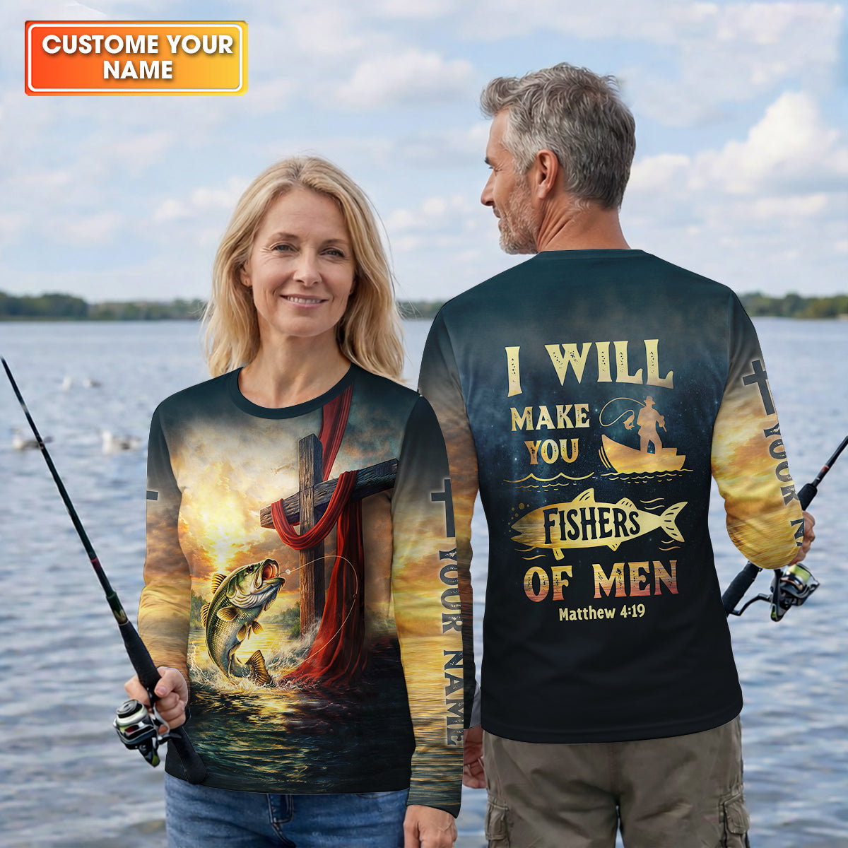 I Will Make You Fishers Of Men Shirt, Personalized Christian Fishing Long Sleeve, Matthew 4:19 Bass Fishing Shirt