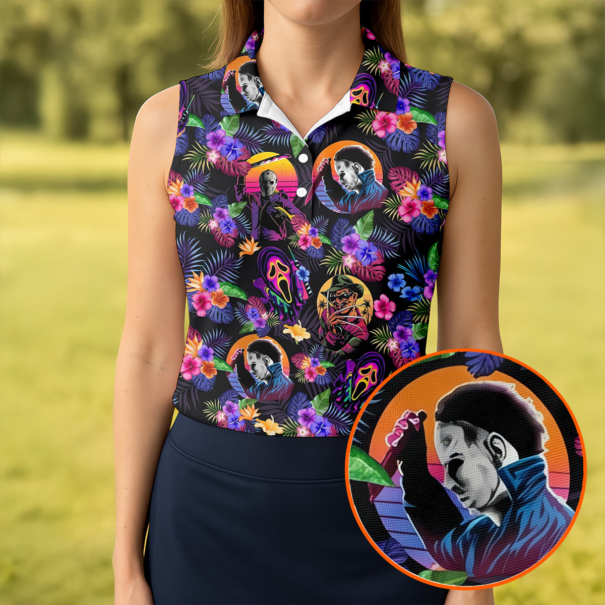 Retro Neon Horror Character Halloween Golf Shirt, Women’s Golf Polo, Printed Golf Shirt
