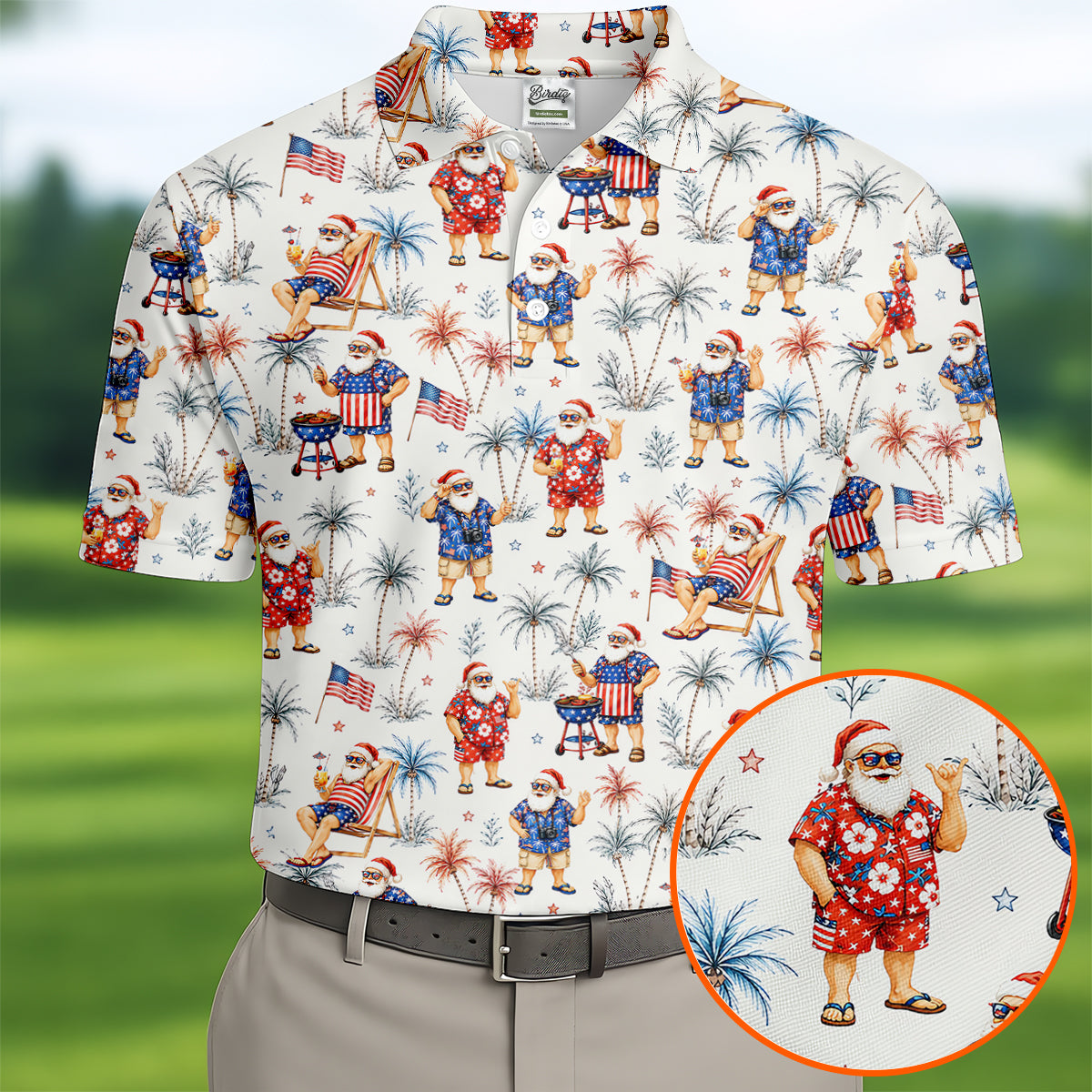 Patriotic Santa Tropical Christmas Polo Shirt, Mens Golf Polo, Hawaiian Golf Shirt