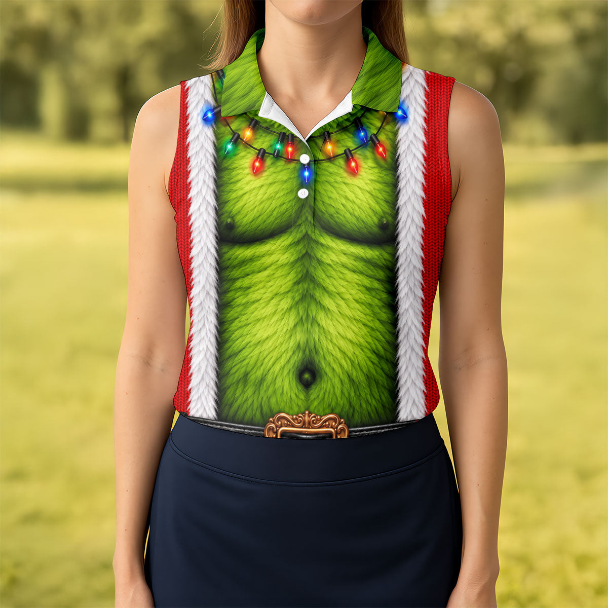 Green Furry Christmas Lights Golf Polo Shirt, Christmas Golf Shirt, Women’s Golf Apparel