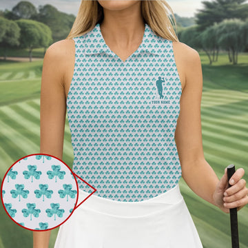 St Patrick's Day Shamrock Golf And Beer Blue And White Golf Shirt, Women's Golf Tops, Ladies Golf Polos