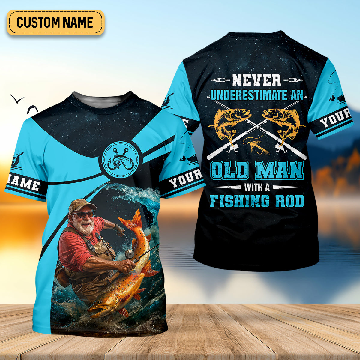 Never Underestimate An Old Man With A Fishing Rod Custom Name UPF Shirts, Men's Fishing Shirt
