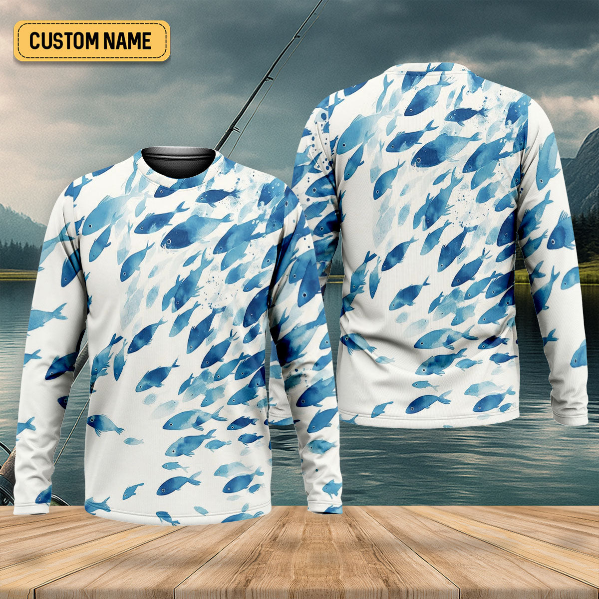 Flowing Fish White And Blue Fishing UPF Shirts, Minimal Watercolor Fishing Shirts For Men