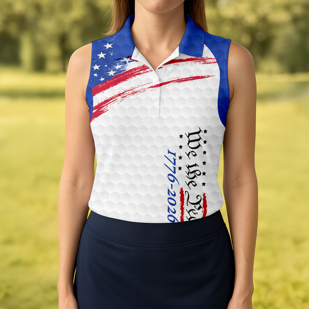 We The People 1776-2926 American Flag Brush Blue Golf Shirt, 250 Years Patriotic 4th Of July Golf Shirt For Women
