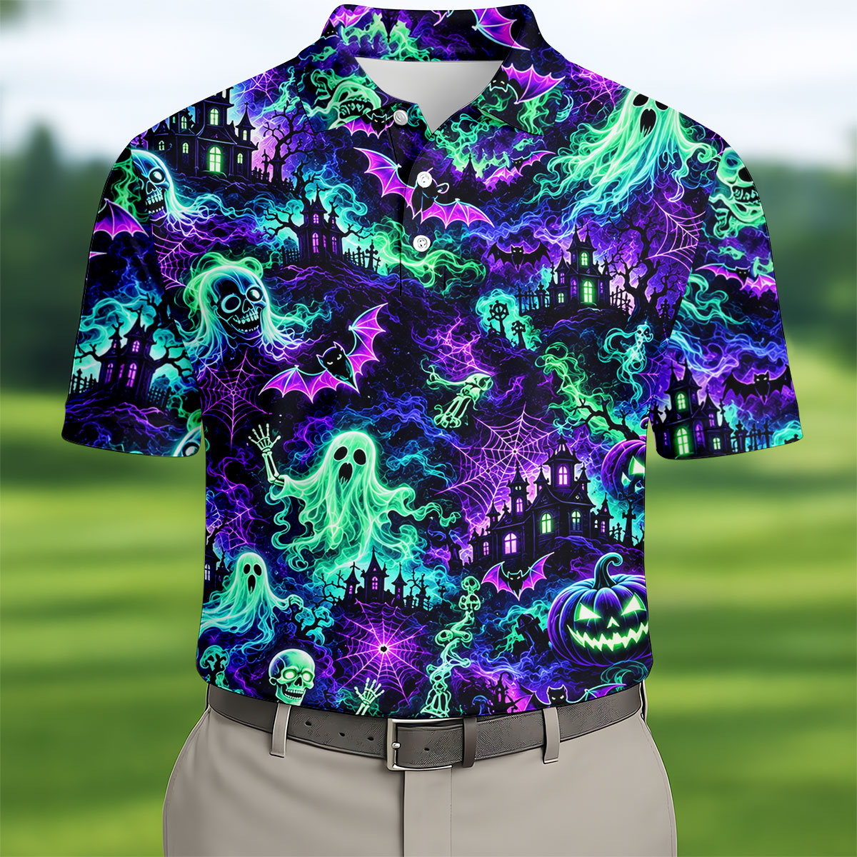 Neon Ghost Skeleton Halloween Horror Character Polo Shirt, Golf Shirt, Mens Golf Polo