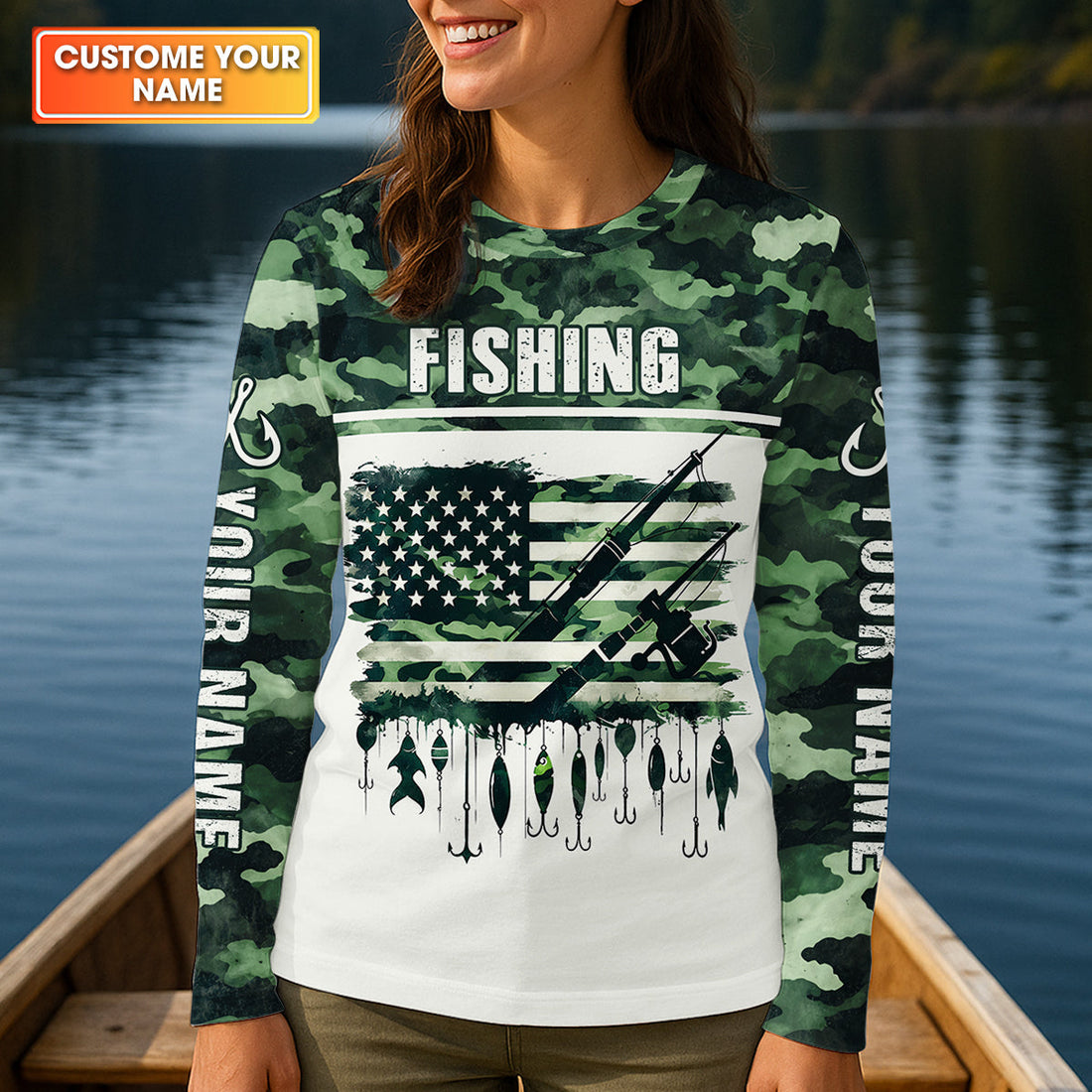 Fishing Green Camo US Flag Pattern Fishing UPF Shirts, 250 Years Women Fishing Shirt