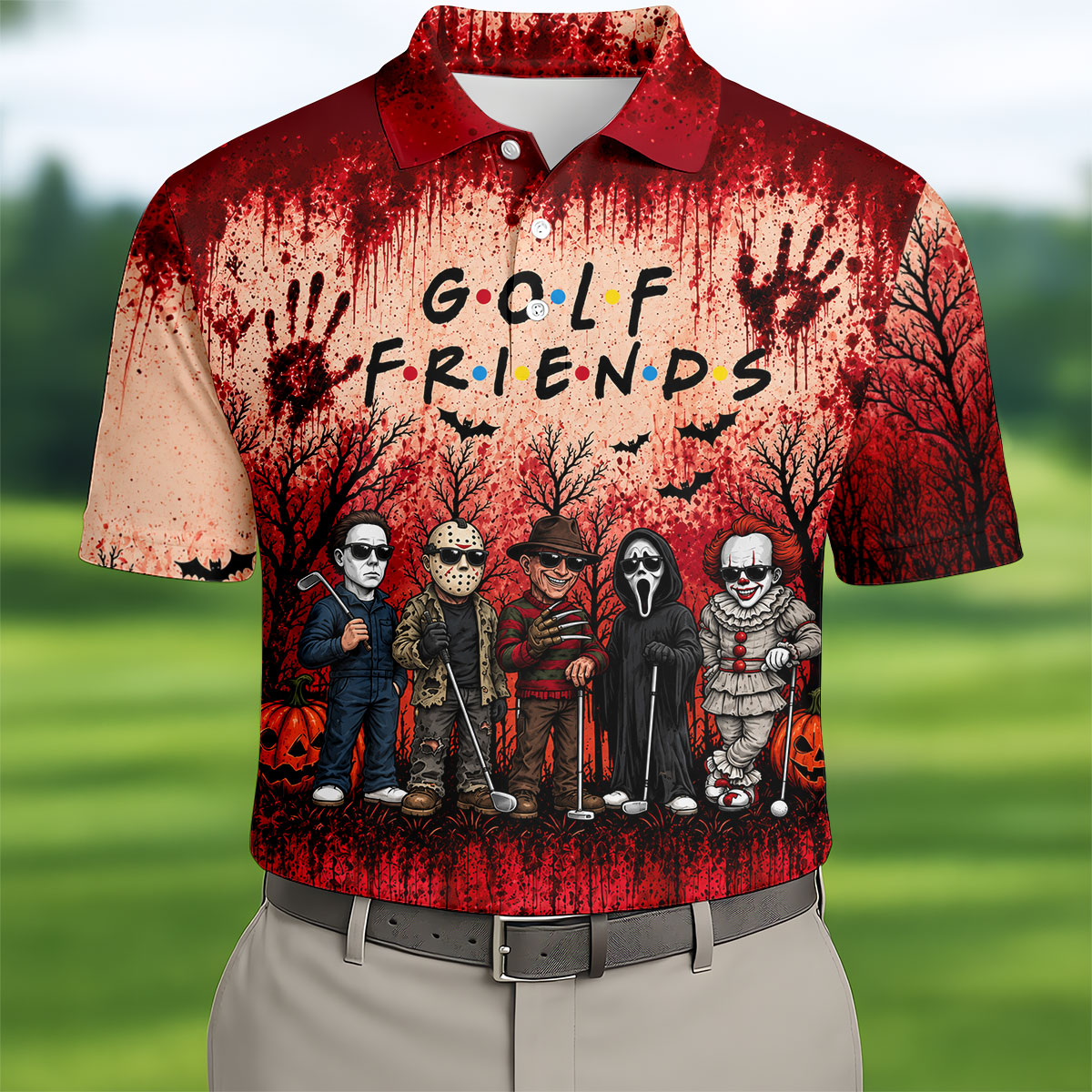 Golf Friends Halloween Horror Character Group Polo Shirt, Mens Golf Polo, Golf Apparel