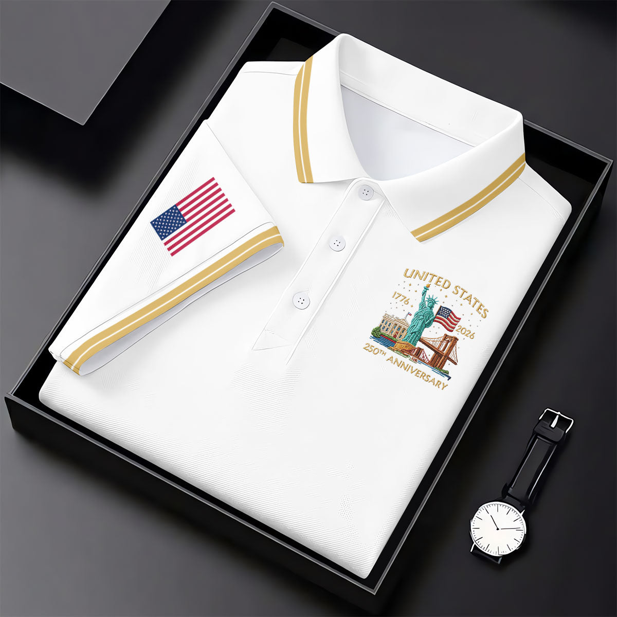 American Symbols White Patriotic Golf Shirt, US 250 Years 4th Of July Golf Shirts For Men