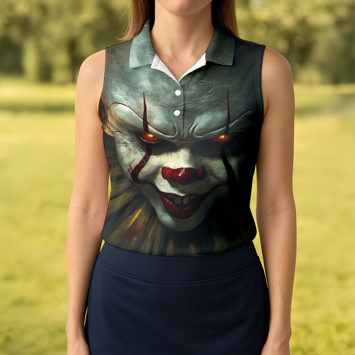 Scary Clown Face Halloween Polo Shirt, Golf Tops For Women, Women’s Golf Apparel