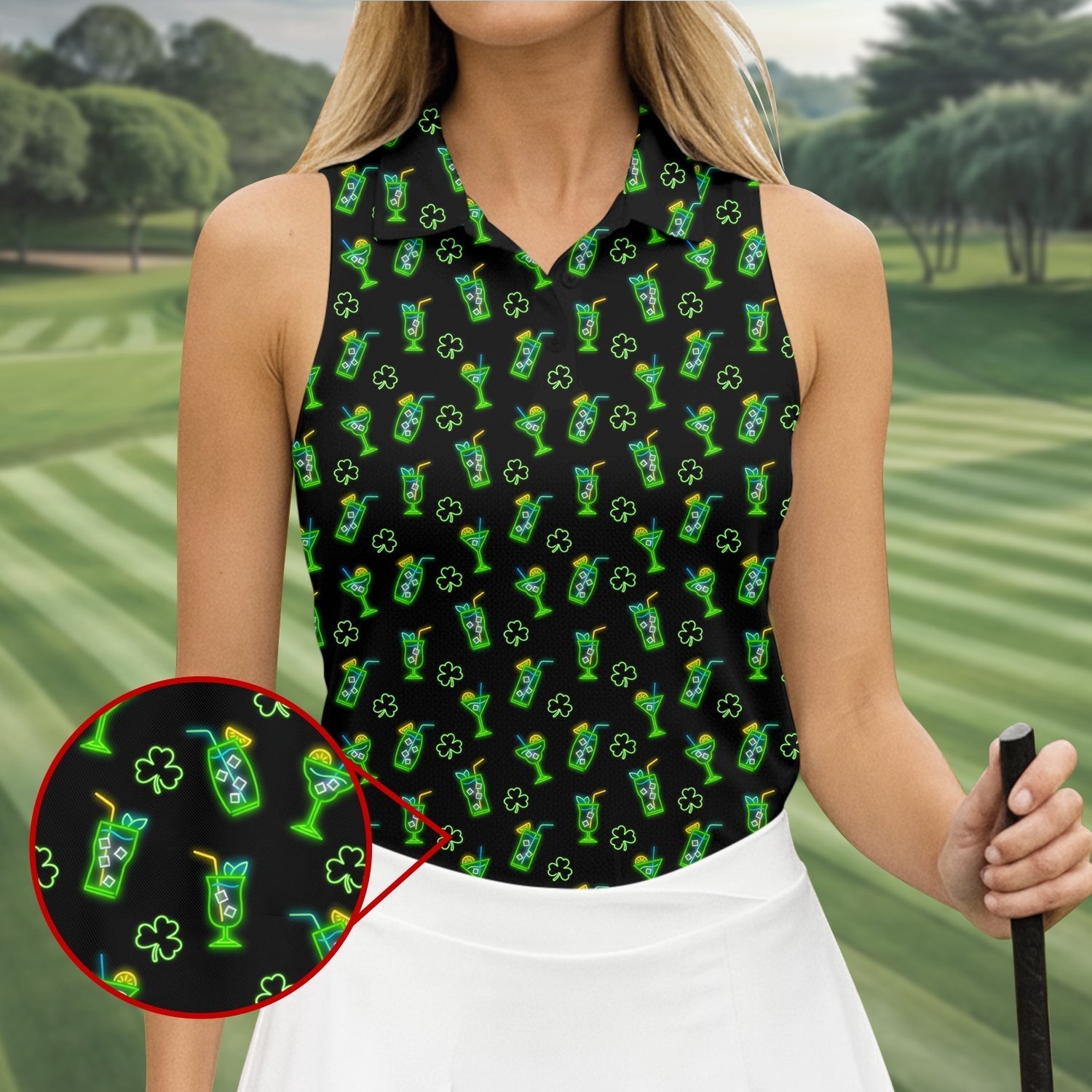Neon Green Cocktails Three Leaf Clover St Patrick's Day Golf Shirt, Women's Golf Tops, Ladies Golf Shirts