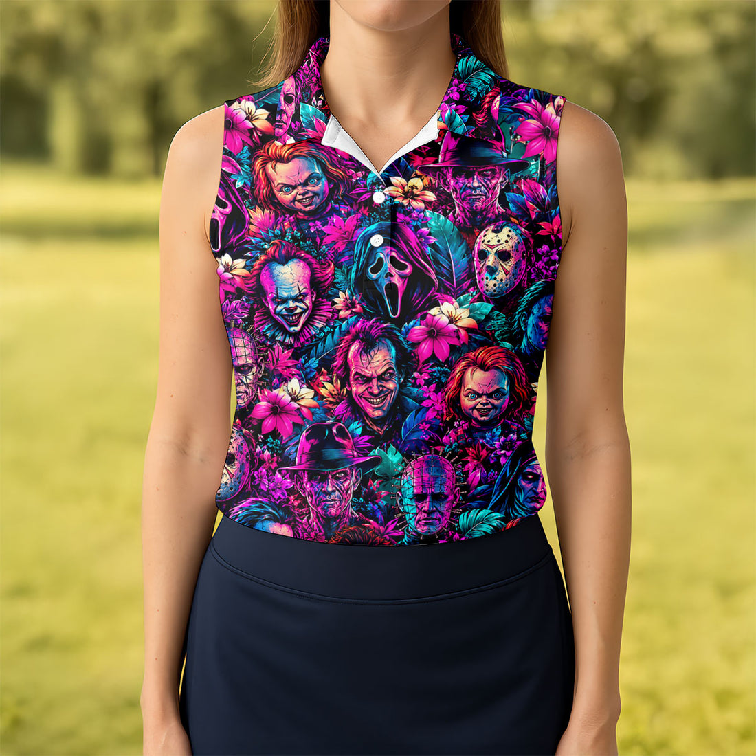 Neon Floral Horror Character Halloween Golf Shirt, Golf Shirts For Women, Women's Golf Apparel