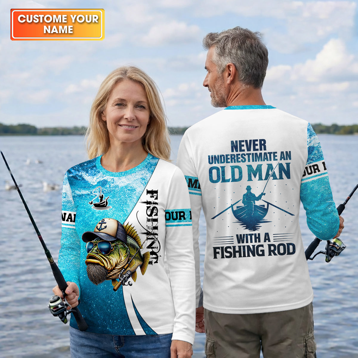 Personalized Old Man Fishing Shirt, Funny Fishing Rod Gift For Dad, Fishing UPF Shirts, Funny Fishing Shirt