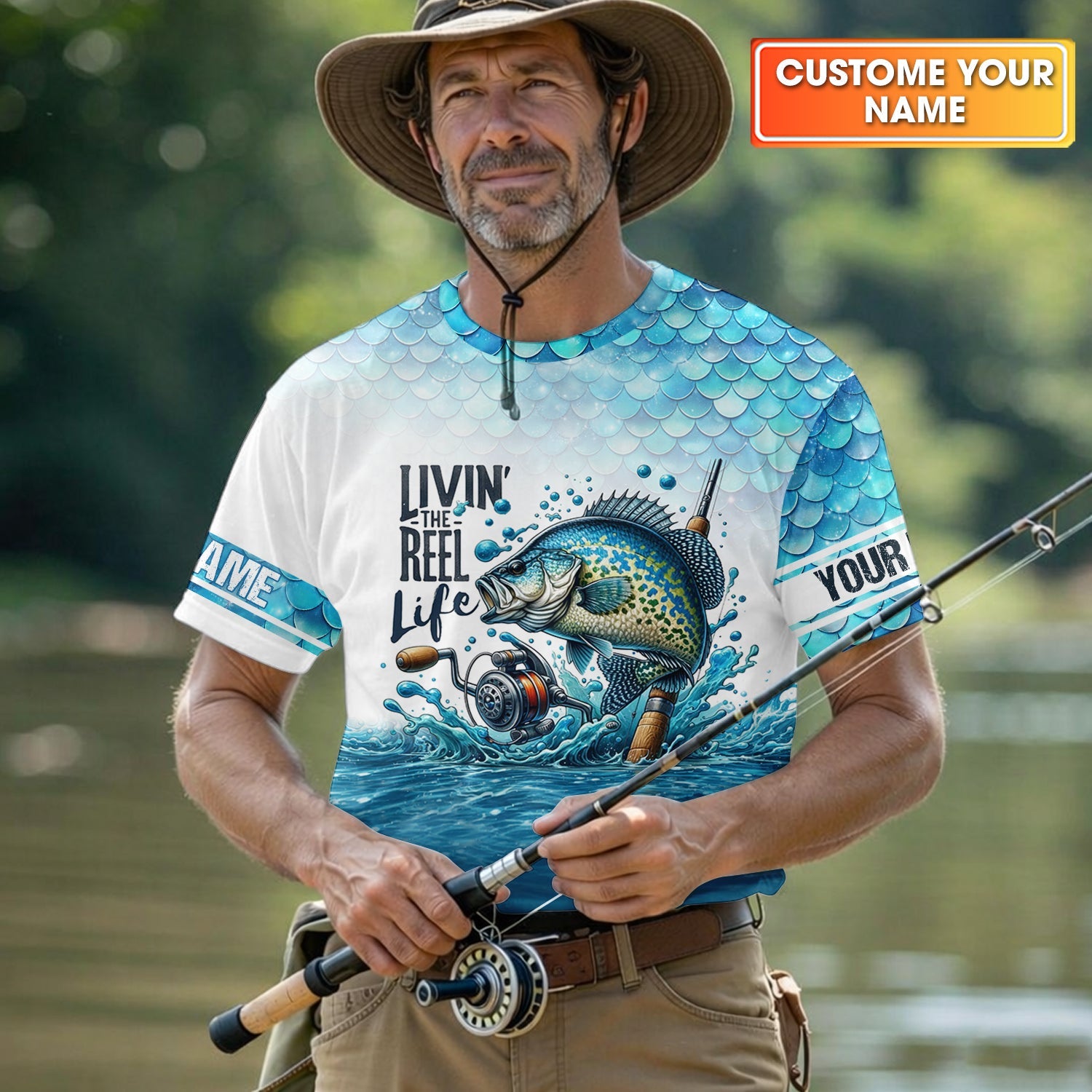 Living The Reel Life Fish Scale Pattern Funny Fishing Shirt, Fishing UPF Shirts, Fishing Shirts For Men