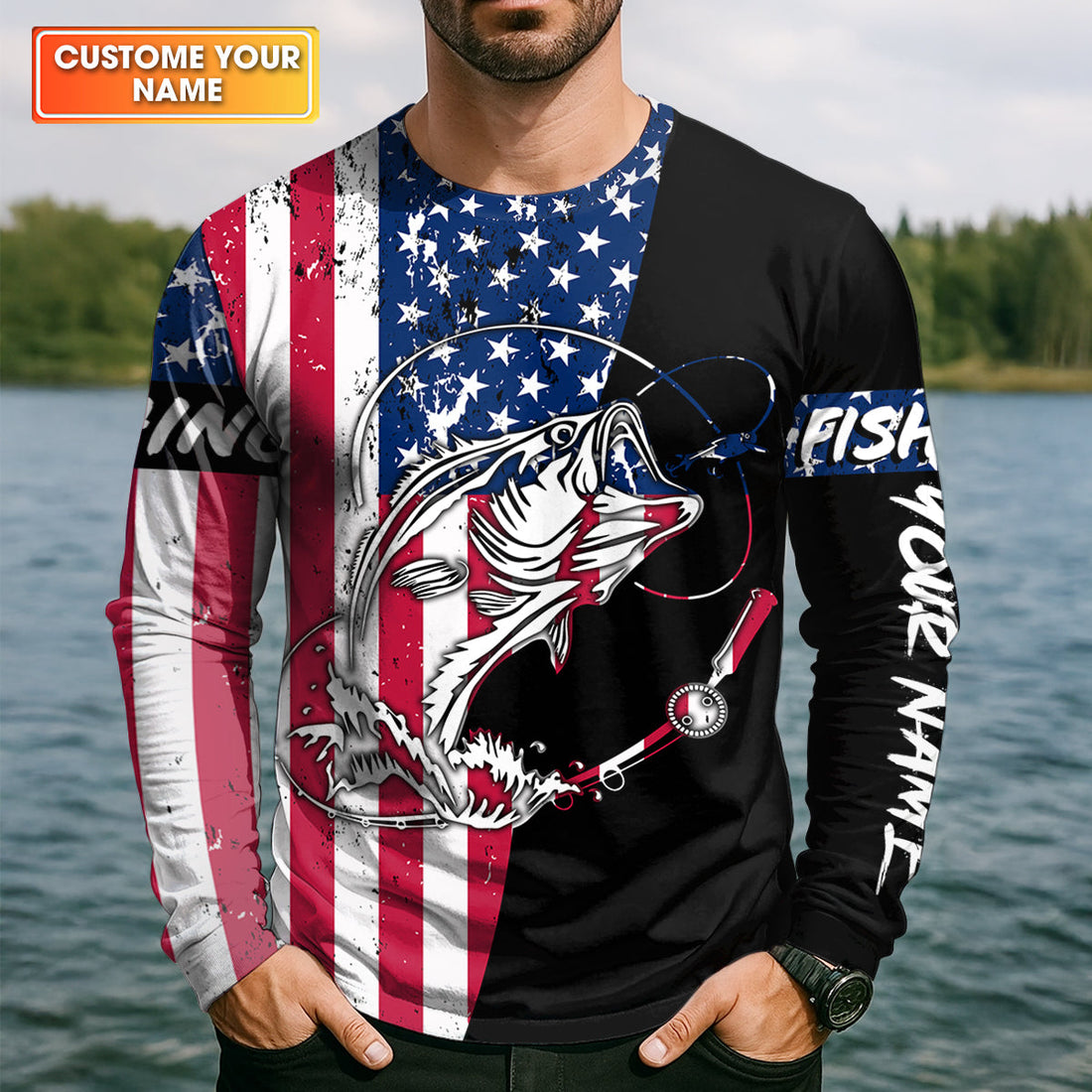 American Flag Fishing Shirt, Personalized Bass Fishing UPF Long Sleeve Shirt for Men