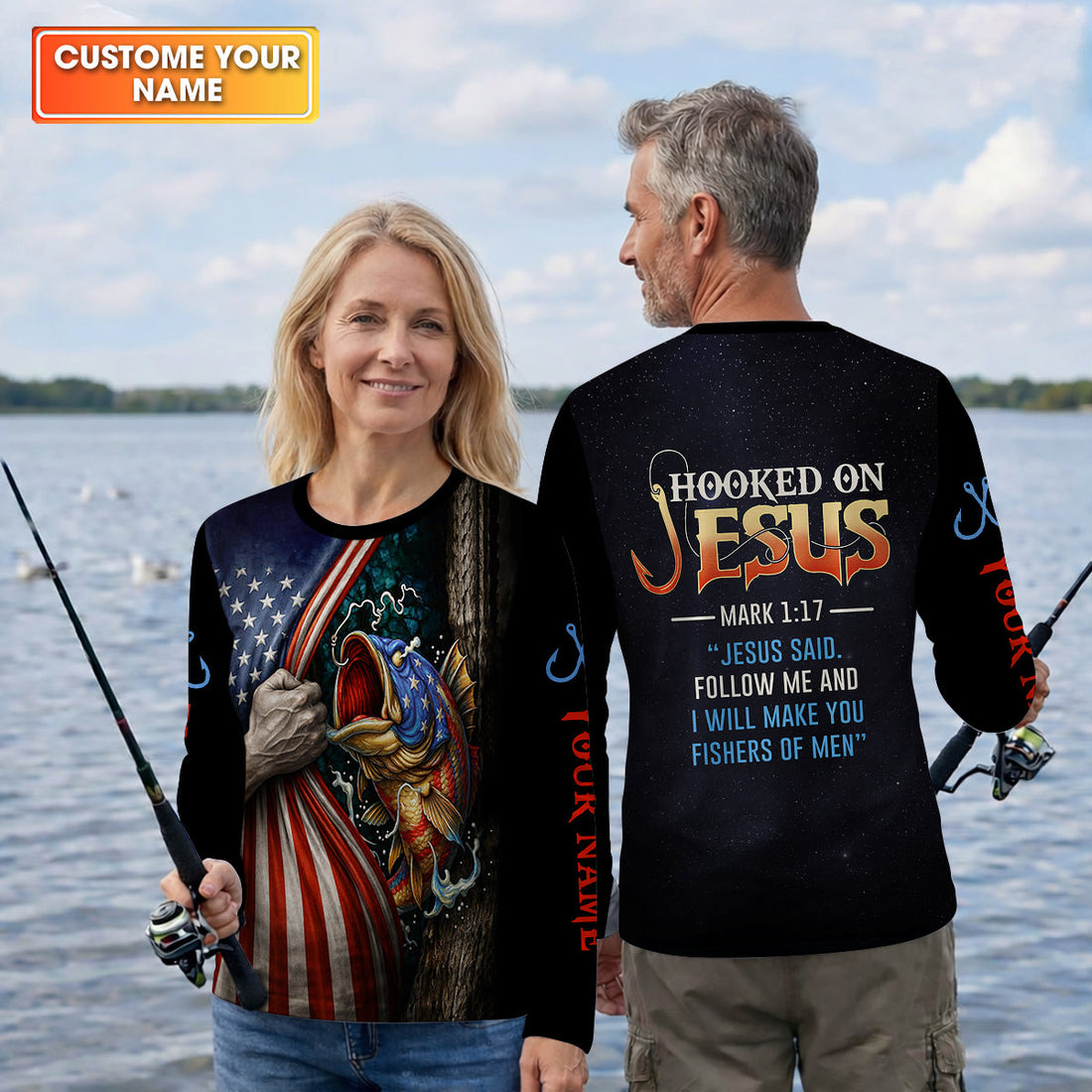 Hooked On Jesus Shirt, Personalized Christian Fishing Shirt, Mark 1:17 Fisher Of Men, Fishing UPF Shirts
