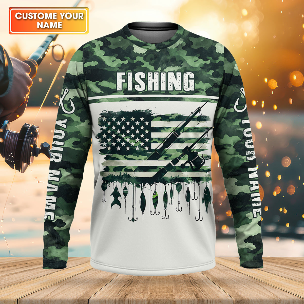 Fishing Green Camo US Flag Pattern Fishing UPF Shirts, 250 Years Fishing Shirts For Men