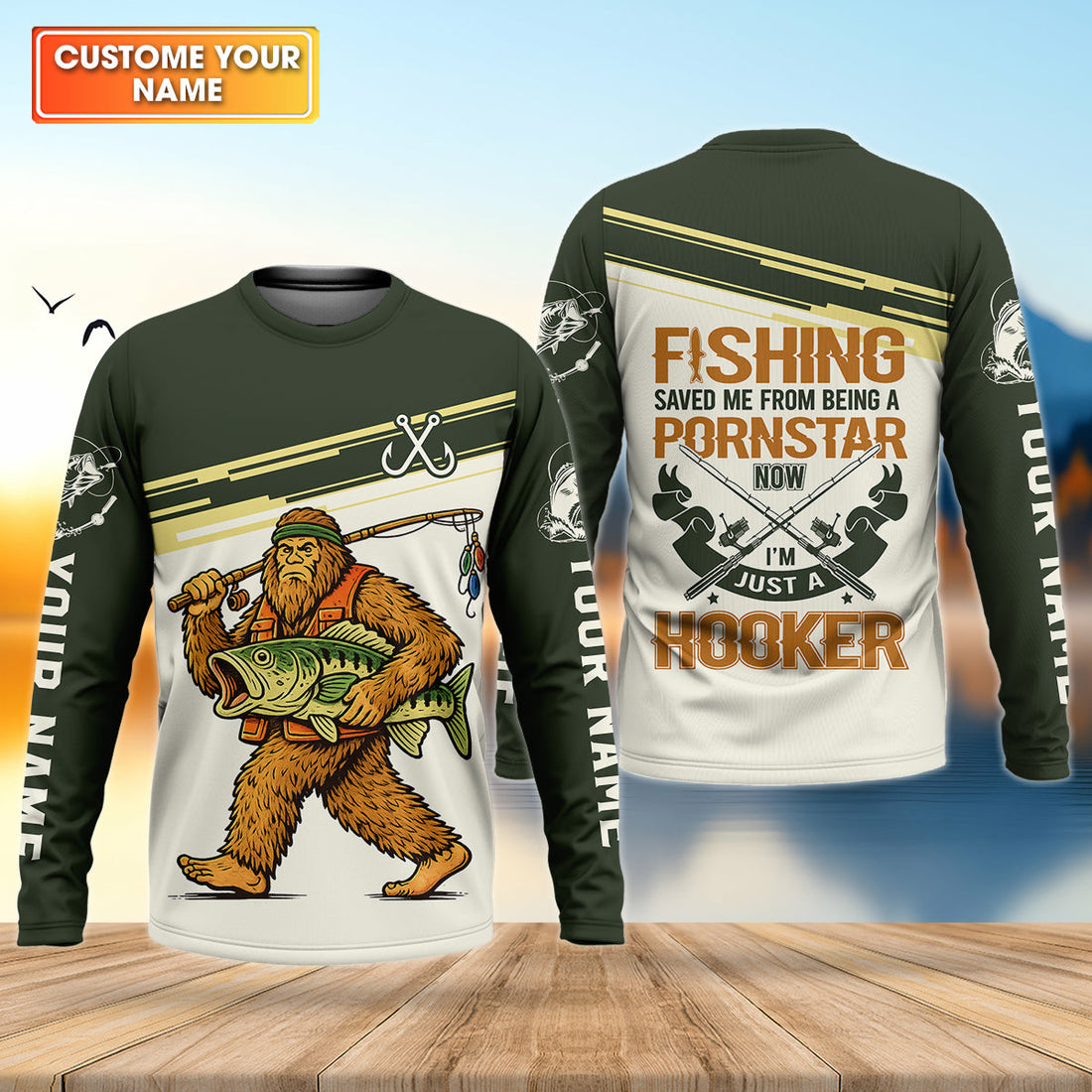 Funny Bigfoot Fishing UPF Shirt, Sasquatch Fishing Humor, Personalized Fishing Shirt for Men