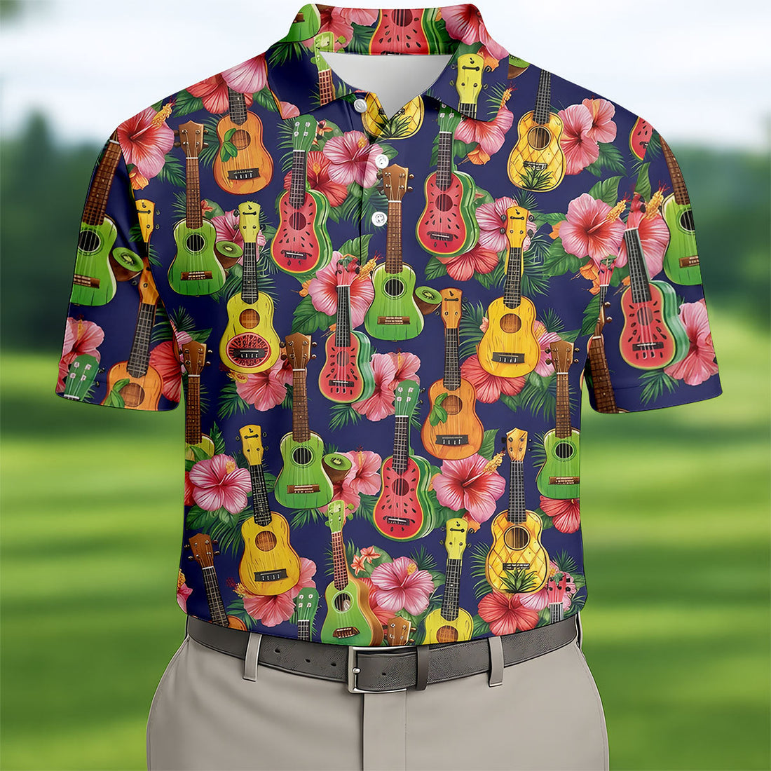 Tropical Ukulele Fruit Pattern 250 Retro Golf Shirt, Hawaiian Vibe Golf Shirts For Men