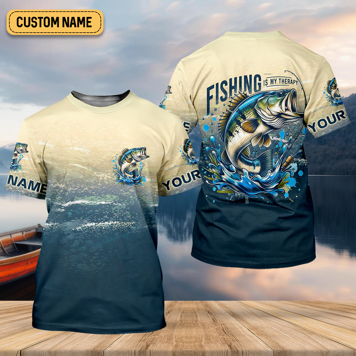 Fishing Is My Therapy Navy And Beige Fishing UPF Shirts, Gift For Fisherman, Fishing Shirts For Men