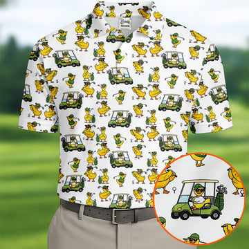Funny Golfing Duck And Golf Cart Pattern Polo Shirt, Mens Golf Polo, Golf Shirts For Men