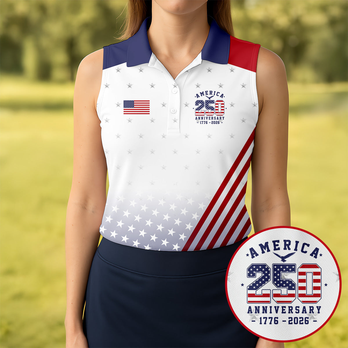 America 250 Anniversary 1776-2026 Flag Logo Golf Shirt For Women, Patriotic 4th Of July Golf Shirt