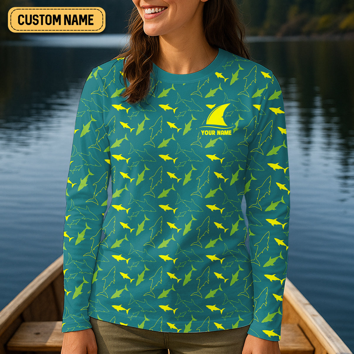 Green And Yellow Shark Pattern Performance Fishing Shirts, Women SPF Shirt, Female Fishing Shirts