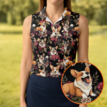 Cute Corgi Floral Hawaiian Pattern Polo Shirt, Womens Golf Polo, Funny Golf Shirt