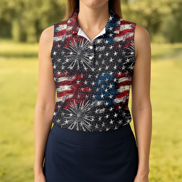 Patriotic American Flag Distressed Color 4th Of July Women Golf Top, 250th Anniversary Ladies Golf Shirts