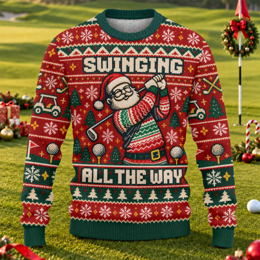 Santa Swinging All The Way Ugly Christmas Sweater, Christmas Sweaters, Golf Gifts