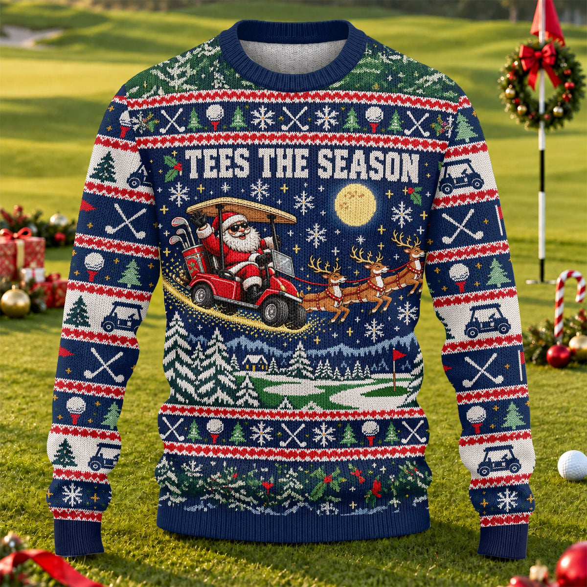 Tees The Season Santa Golf Cart Ugly Christmas Sweater, Golf Apparel, Holiday Gifts