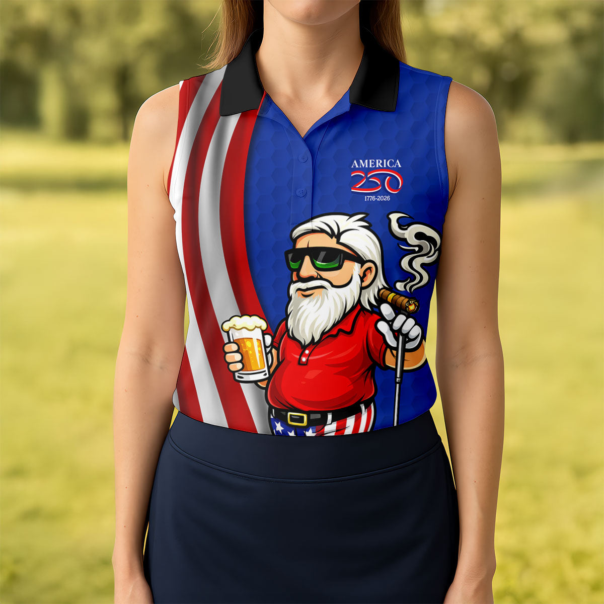 America 250 Patriotic Man 4th Of July Navy Golf Shirt, Golf And Beer Women's Golf Tops