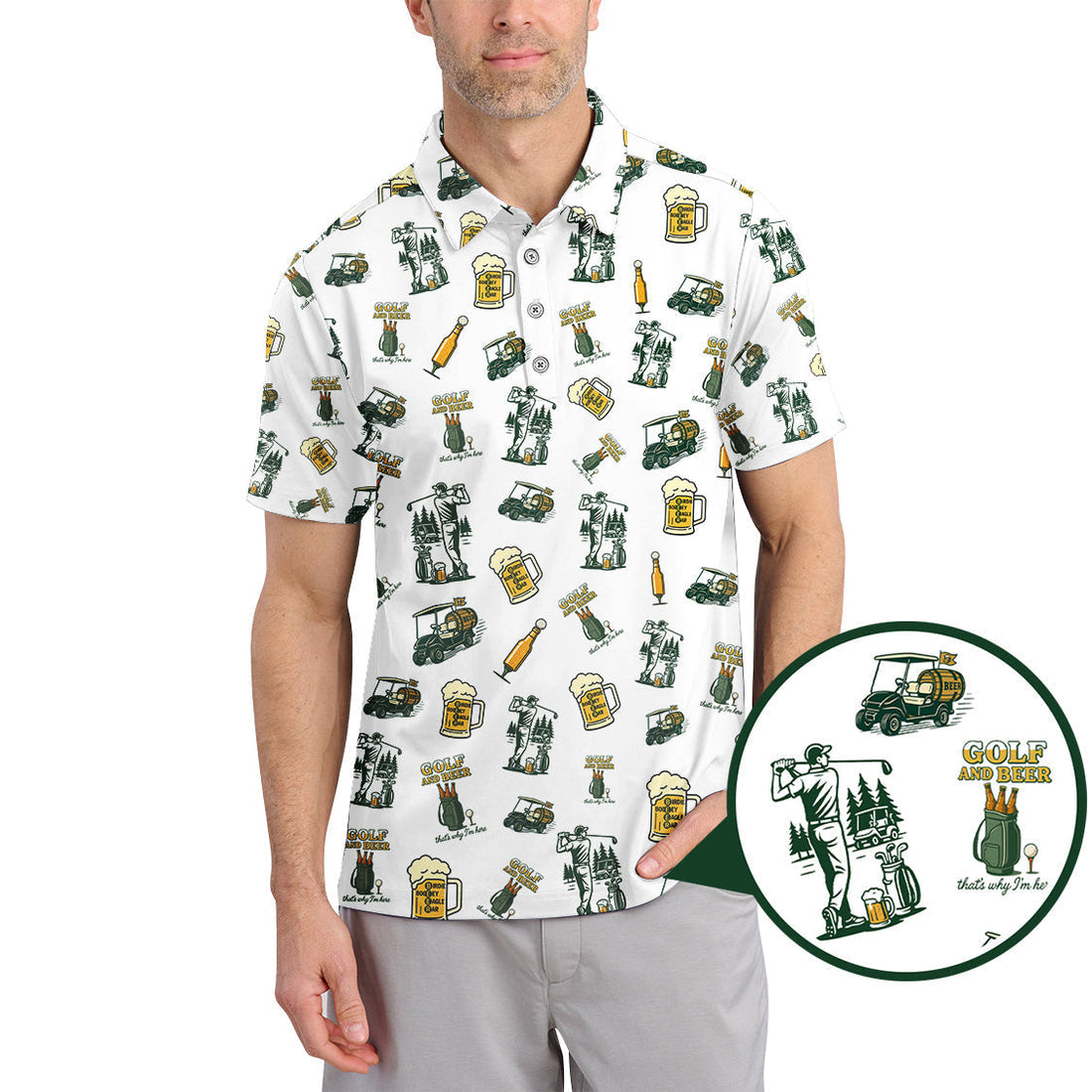 Funny Golf Polos For Men, Golf And Beer Pattern Shirt, Crazy Golf Shirts For Golfers