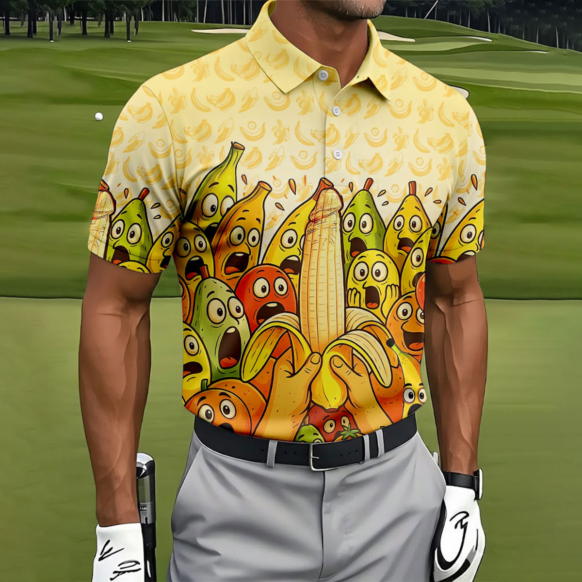 Funny Banana Fruit Cartoon Pattern Polo Shirt, Mens Golf Polo, Golf Shirts For Men