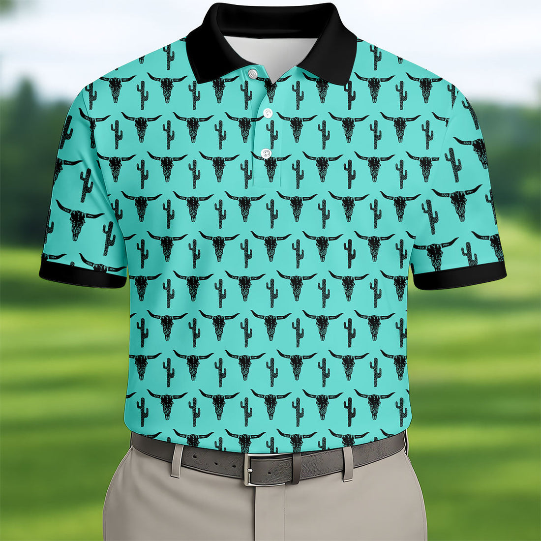 Longhorn Cow Skull Western Theme Peacock Blue Golf Tops For Men, Polo ShirtFor Men, Golf Shirts For Men