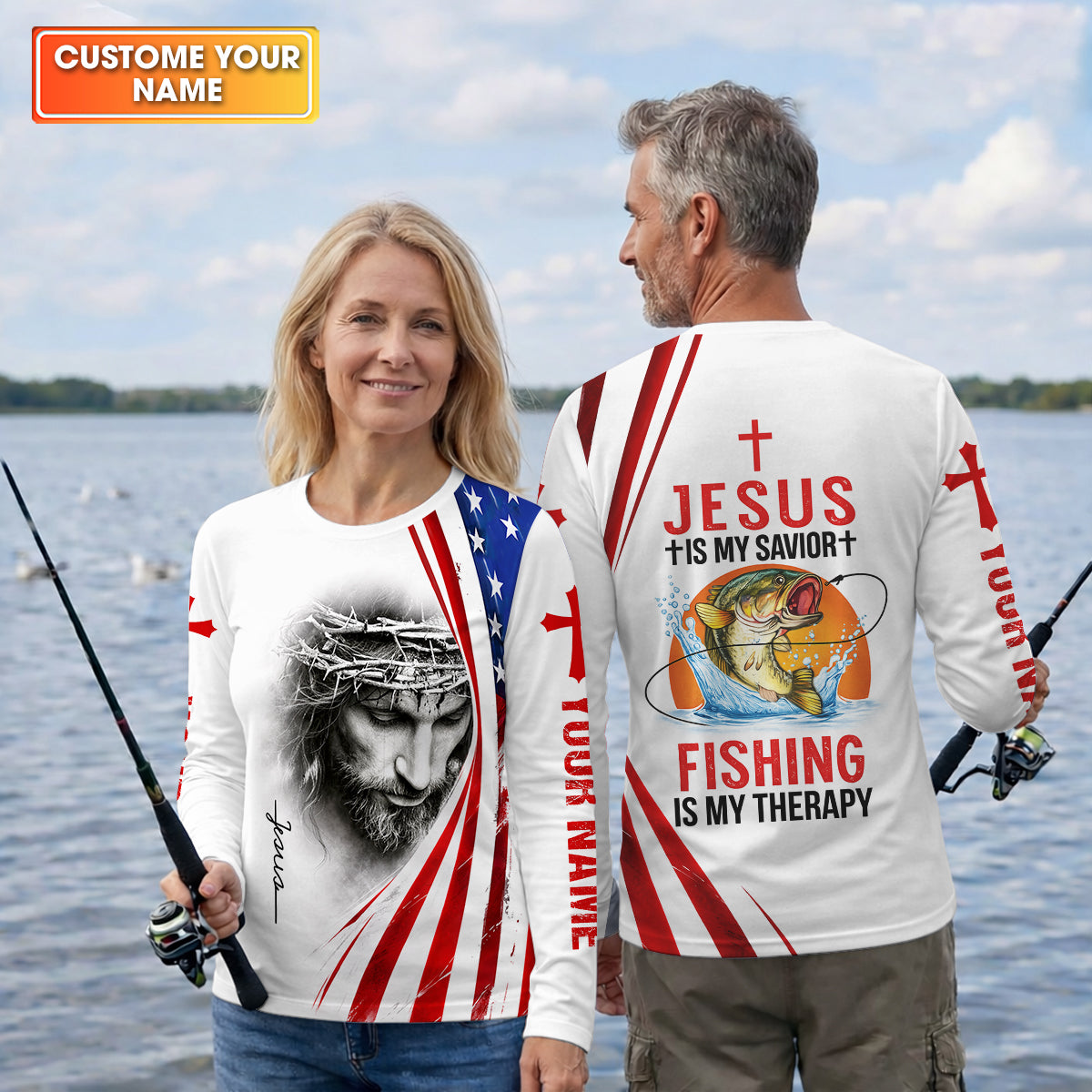 Jesus Is My Savior Fishing Is My Therapy Shirt, Personalized Christian Fishing Long Sleeve For Men