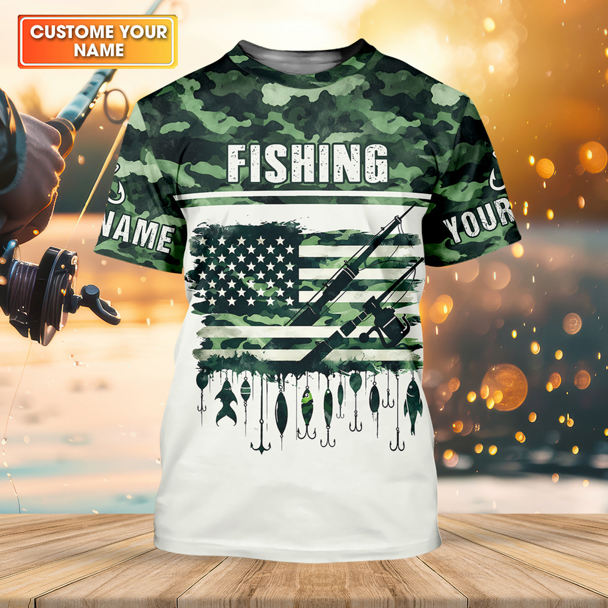 Fishing Green Camo US Flag Pattern Fishing UPF Shirts, 250 Years Fishing Shirts For Men