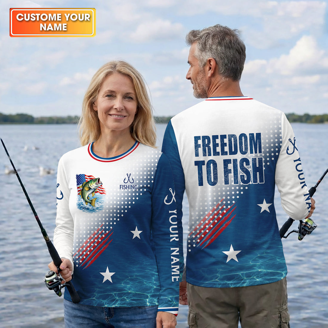 Freedom To Fish Shirt, Personalized American Flag Fishing Long Sleeve For Men, Fishing UPF Shirts