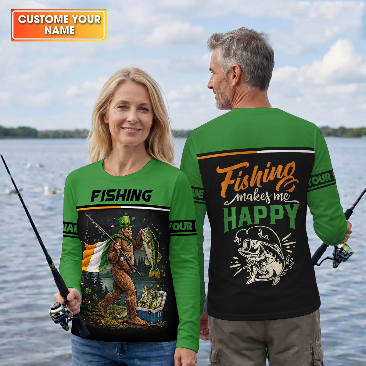 Fishing Makes Me Happy Shirt, Personalized Bigfoot St. Patrick’s Day Fishing Long Sleeve For Men