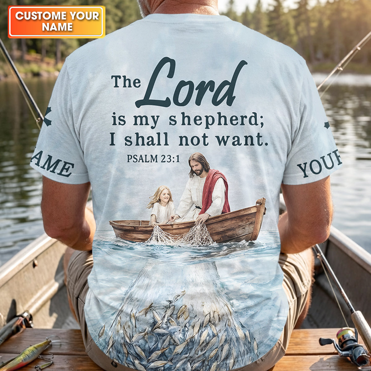 Jesus Catching Fish Bible Verse, Personalized Long Sleeve Shirt, Psalm 23 The Lord Is My Shepherd, Religious Gift for Men