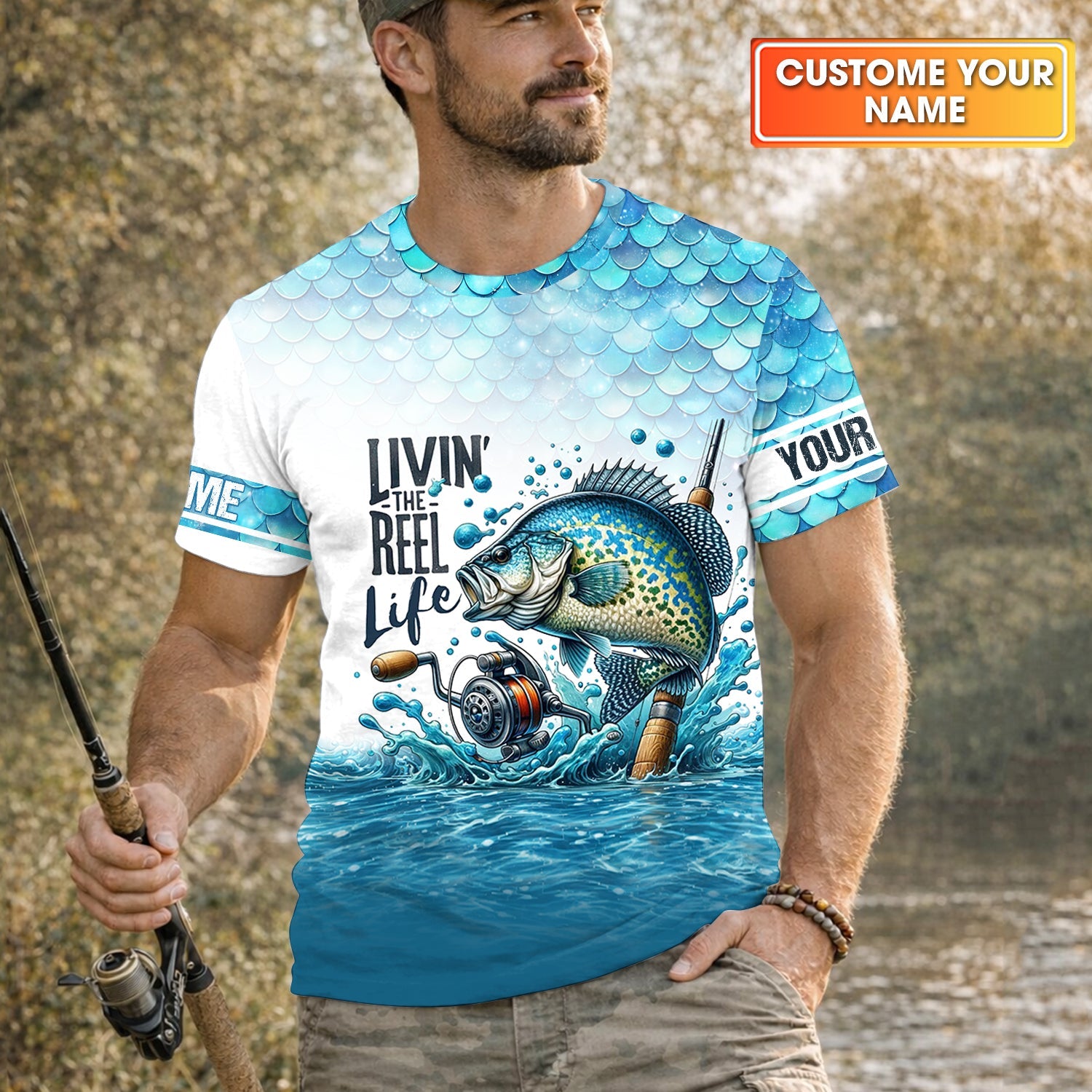 Living The Reel Life Fish Scale Pattern Funny Fishing Shirt, Fishing UPF Shirts, Fishing Shirts For Men