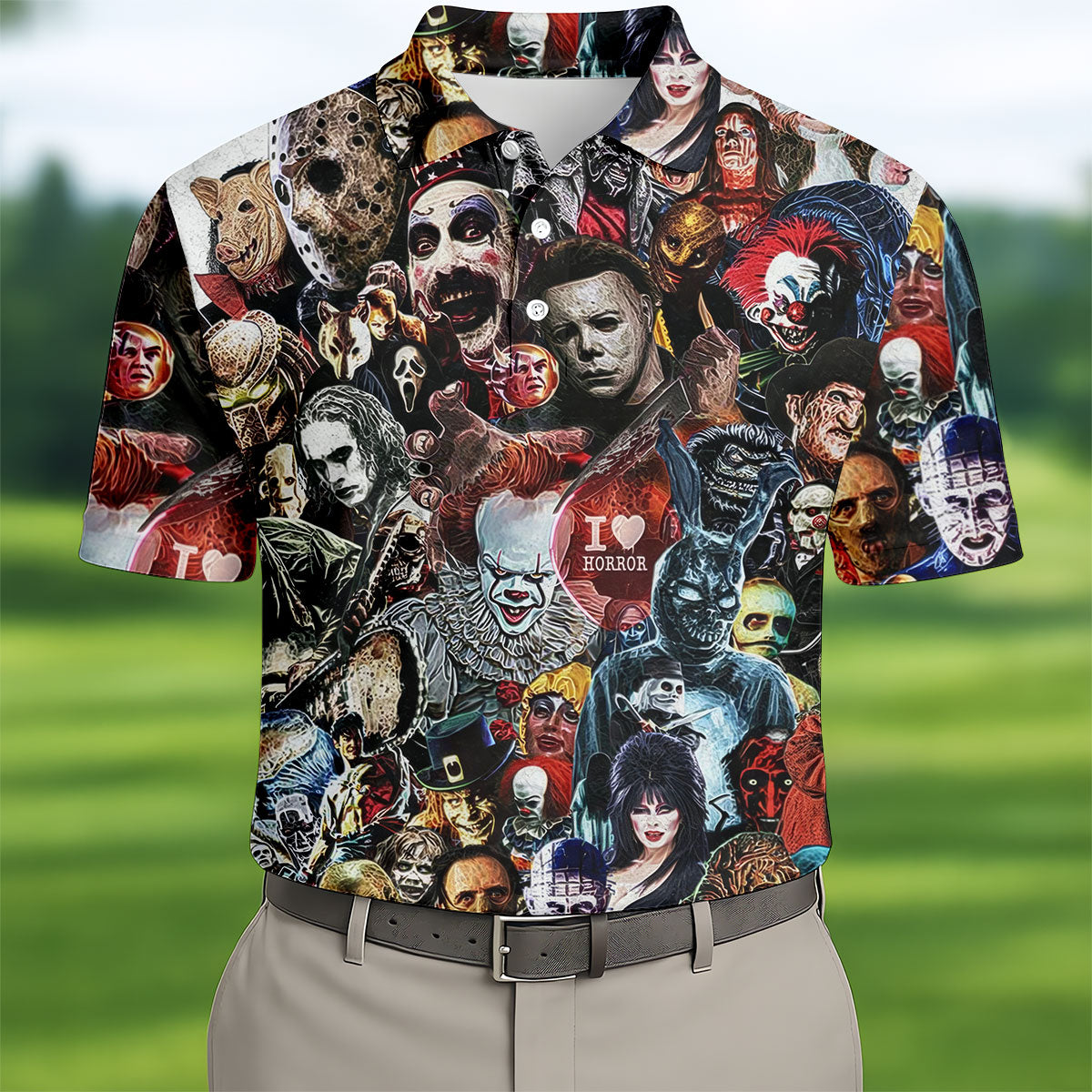 Classic Horror Icons Collage Halloween Golf Shirt, Mens Golf Polo, Printed Golf Shirts