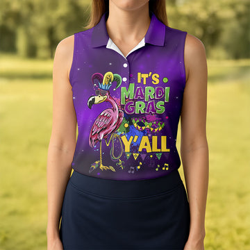 It's Mardi Gras Y'All Funny Flamingo Purple Golf Shirt, Women's Golf Tops, Ladies Golf Shirt