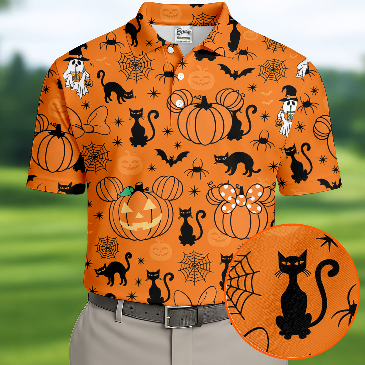 Black Cat and Pumpkin Halloween Polo Shirt, Golf Polo Apparel, Mens Golf Outfit