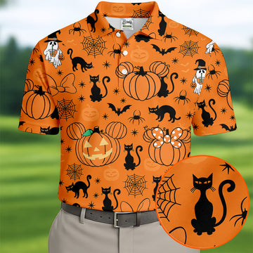 Black Cat and Pumpkin Halloween Polo Shirt, Golf Polo Apparel, Mens Golf Outfit