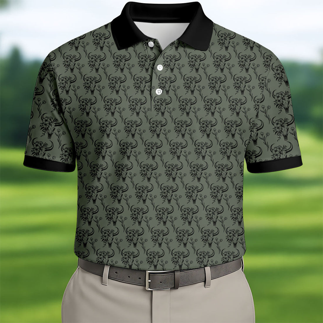 Cow Skull With Flowers Western Theme Forest Green Golf Tops For Men, Polo ShirtFor Men, Golf Shirts For Men