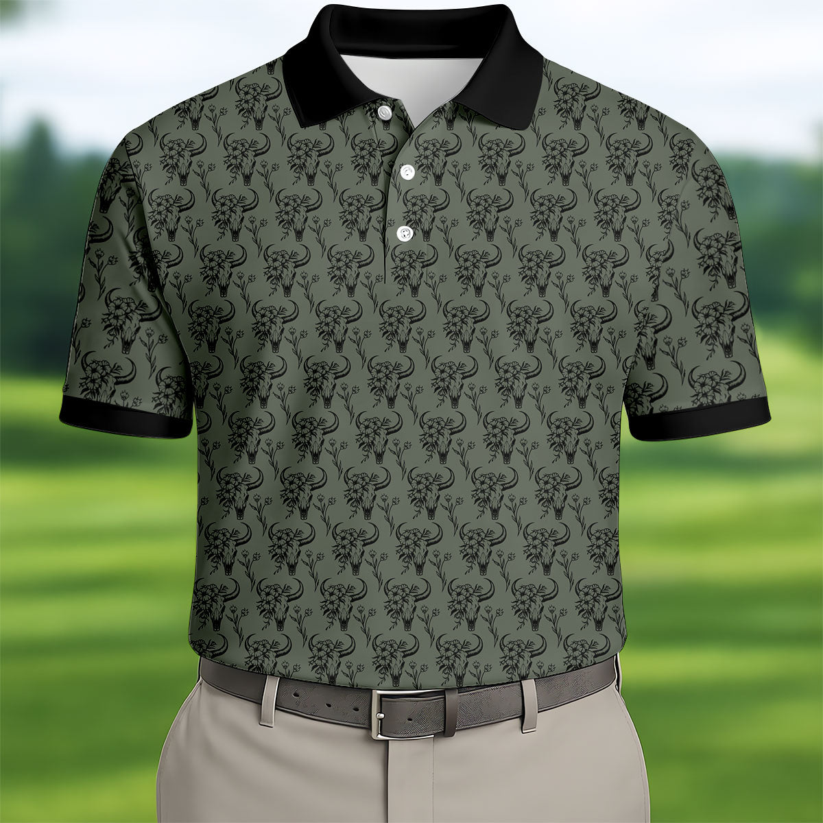 Cow Skull With Flowers Western Theme Forest Green Golf Tops For Men, Polo ShirtFor Men, Golf Shirts For Men