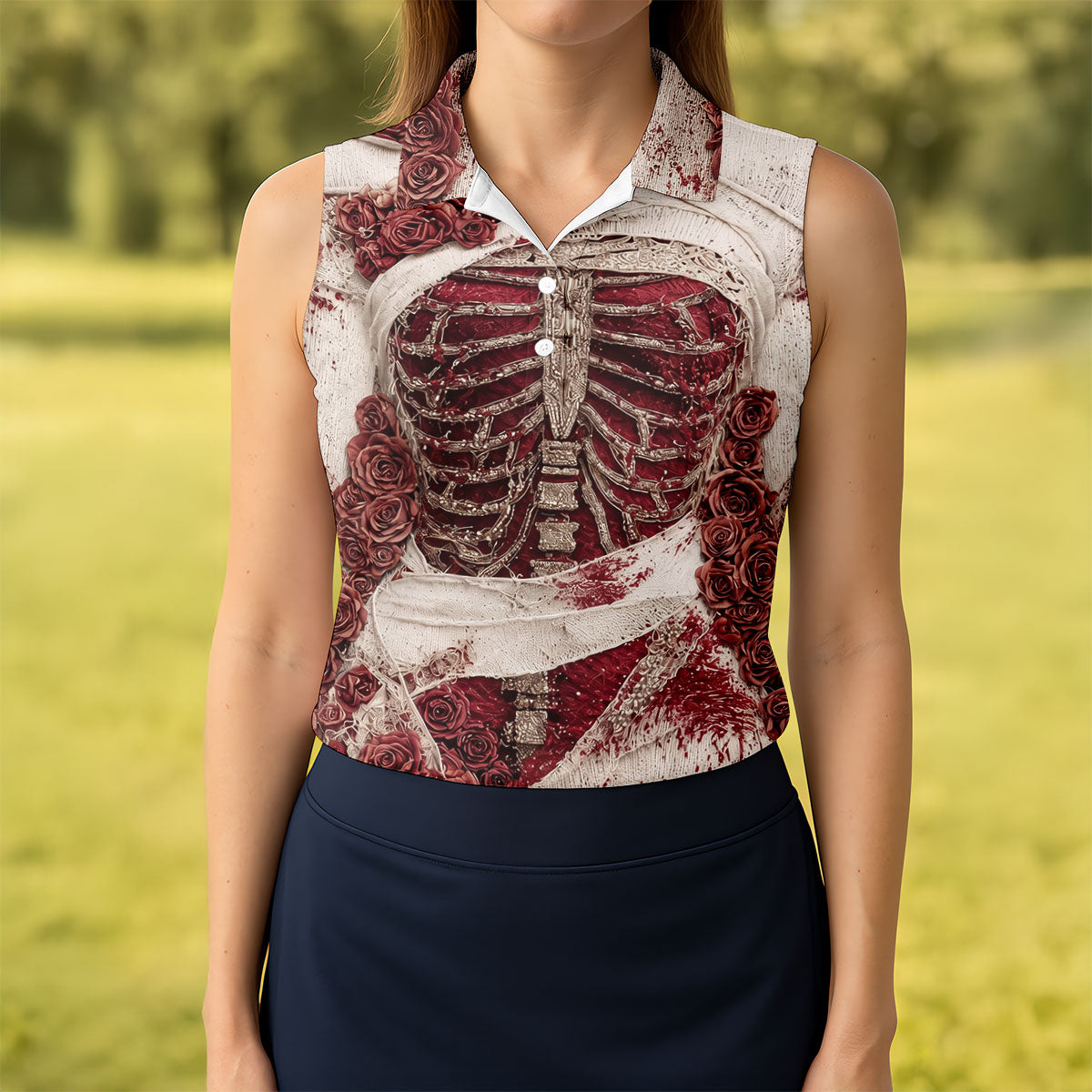Bloody Skeleton Rose Halloween Polo Shirt, Golf Tops For Women, Women’s Golf Apparel