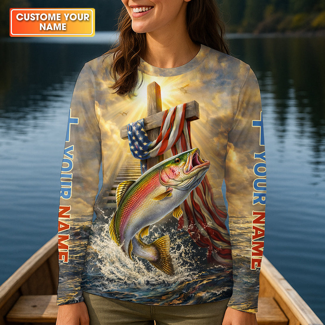 Faith Cross Patriotic Fishing Shirt, Fishing UPF Shirts, 250th Anniversary Fishing Shirt For Women